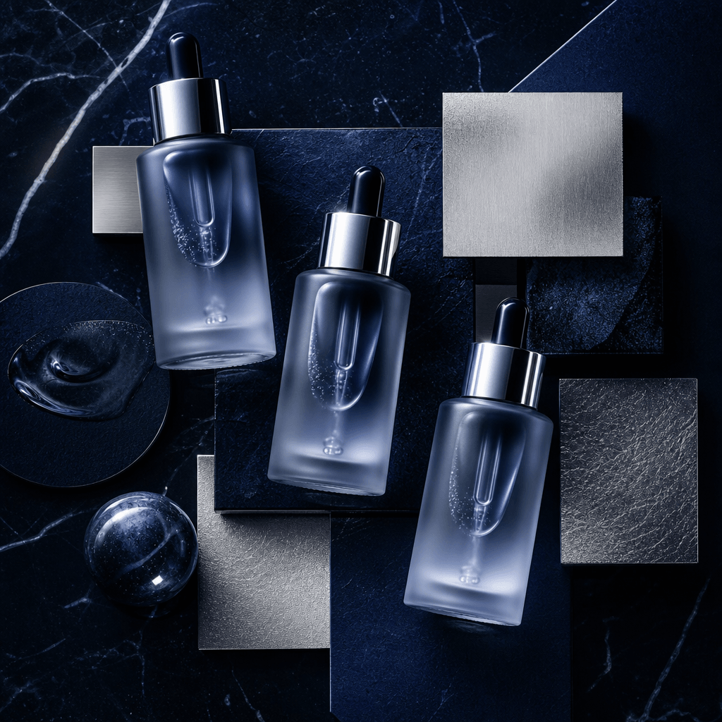 Cosmetics brand aesthetic in deep midnight blue and silver. Frosted glass serum vials and metallic accent tiles arranged