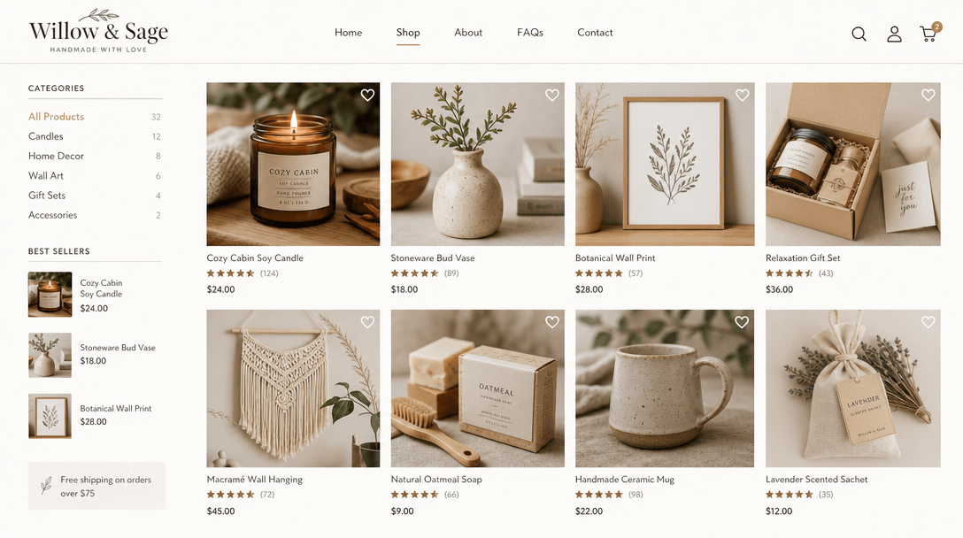 Ecommerce product catalog grid layout, high-resolution images, professional presentation, Etsy-style marketplace display