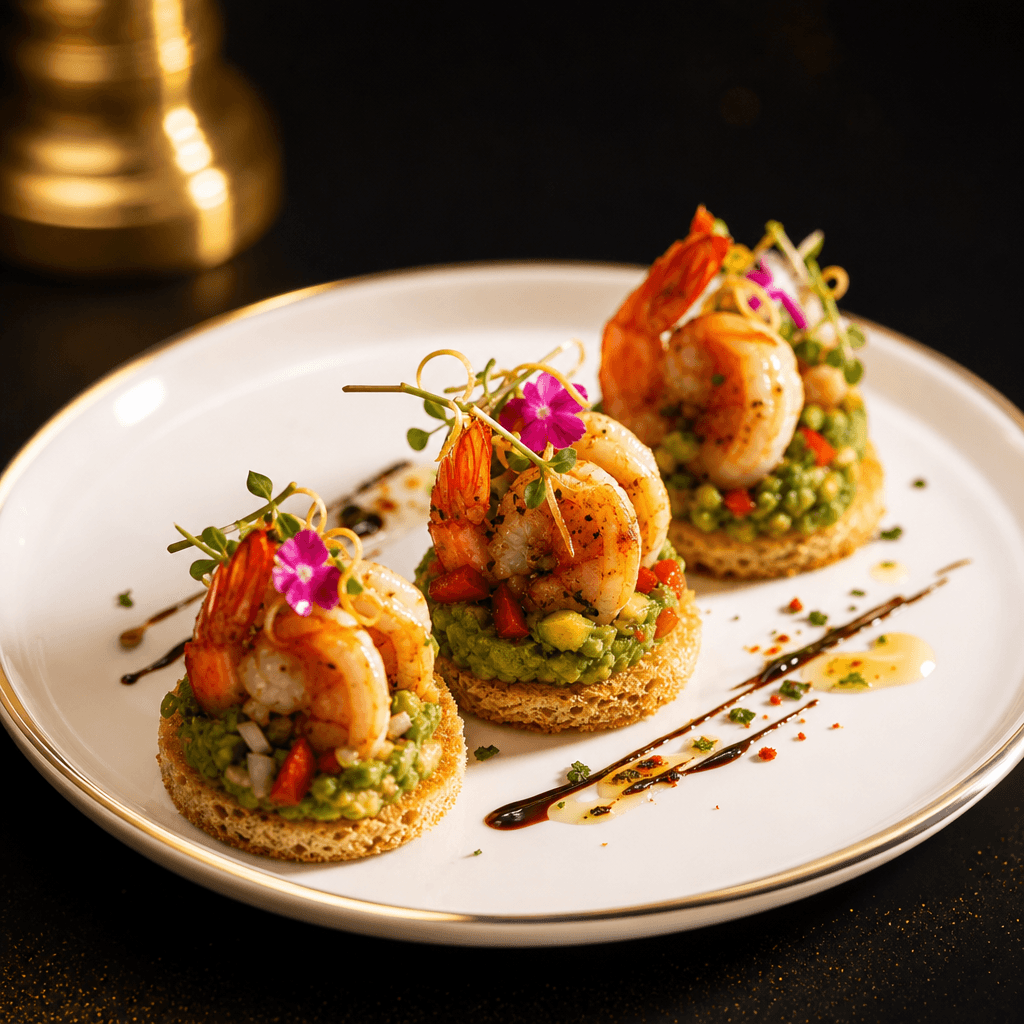 Vibrant appetizer on white ceramic plate, studio lighting with golden accents, dark background, professional food photog