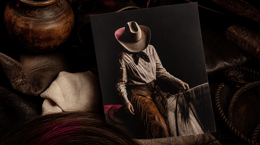 A single unframed portrait photograph resting among dark equestrian materials, the image depicting an anonymous rider tr