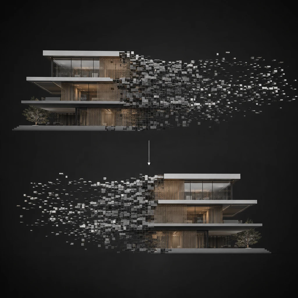 Contemporary building dissolving and reforming, smooth transitions, premium quality rendering, dark editorial background