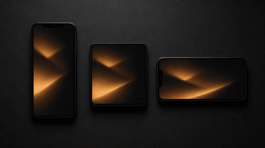 Dark editorial flat-lay of three matte-black smartphones arranged in portrait, square, and landscape orientations on a b