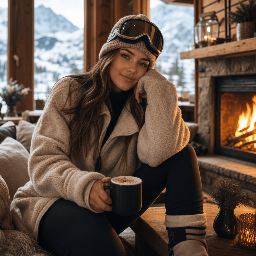 Indoor après-ski portrait with cabin aesthetic, warm tones and soft lighting, cozy mountain lodge environment, professio