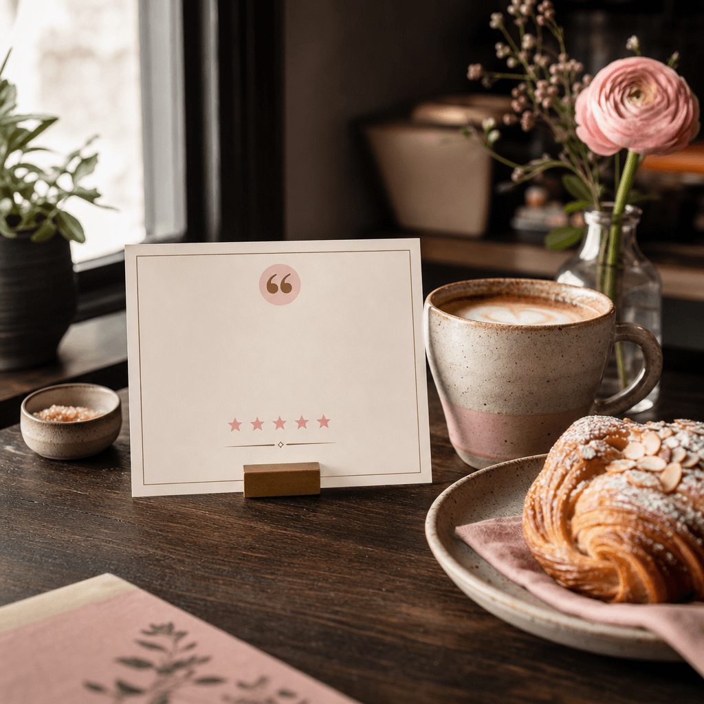 A welcoming neighborhood café testimonial scene with a refined review card near a handmade ceramic coffee cup and fresh