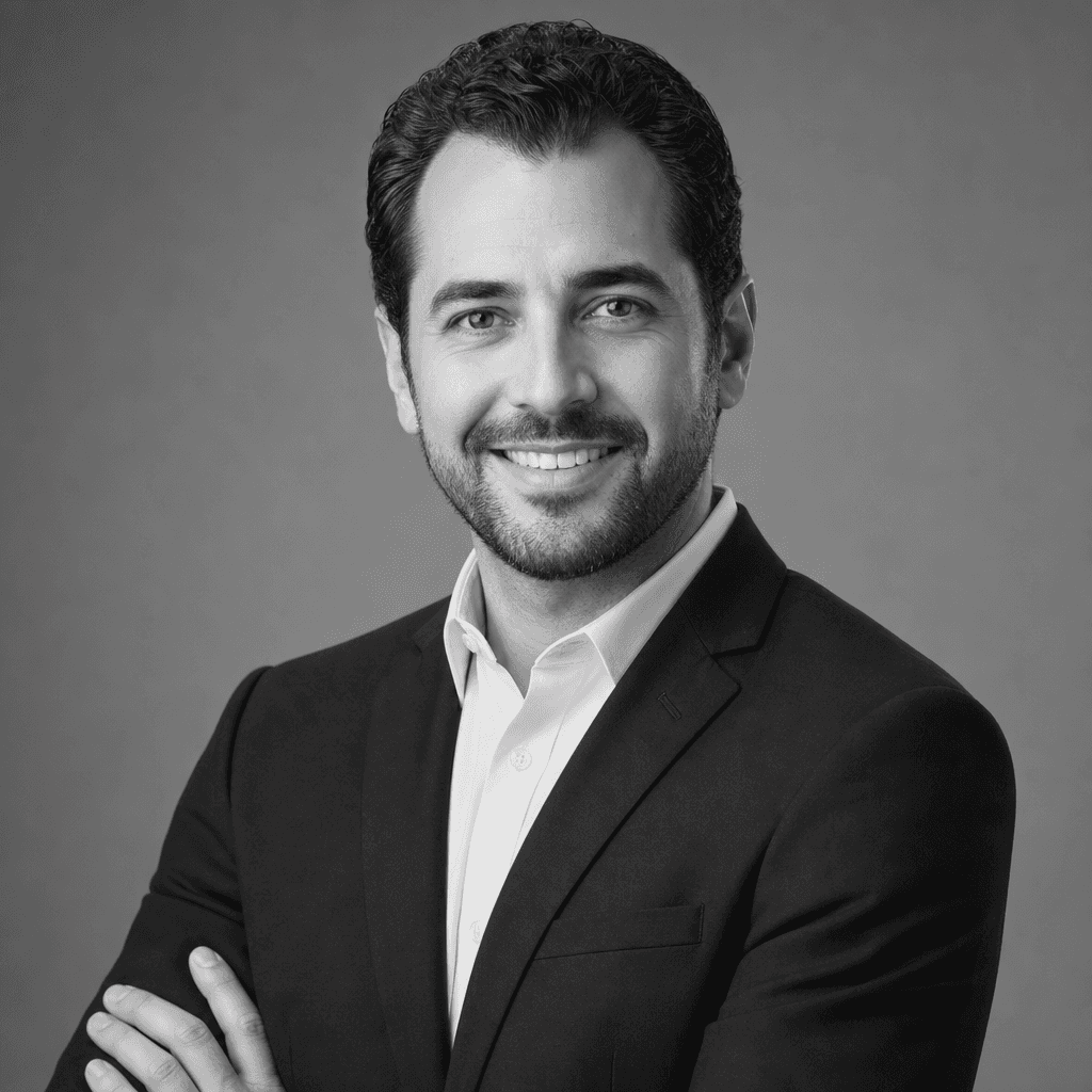 Professional corporate headshot, monochrome, studio lighting, clean background, business portrait photography, sharp foc