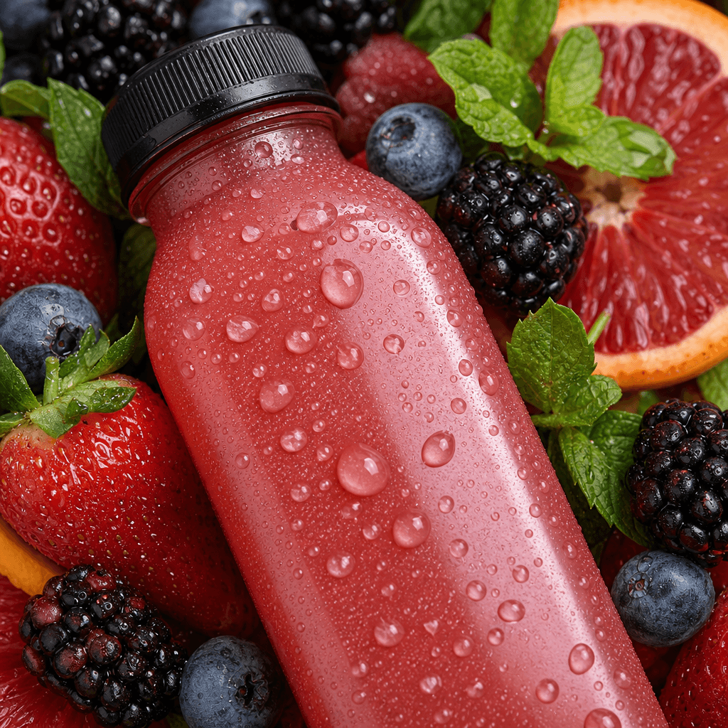Close-up fruit texture detail. Individual fruit elements—berries, citrus segments, water droplets, fresh herbs—surroundi