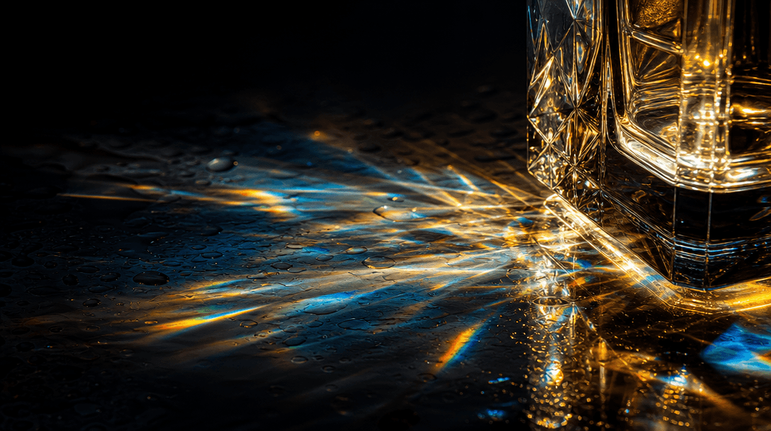 Extreme close-up of light refracting through faceted glass product packaging, soft prismatic caustic patterns spreading