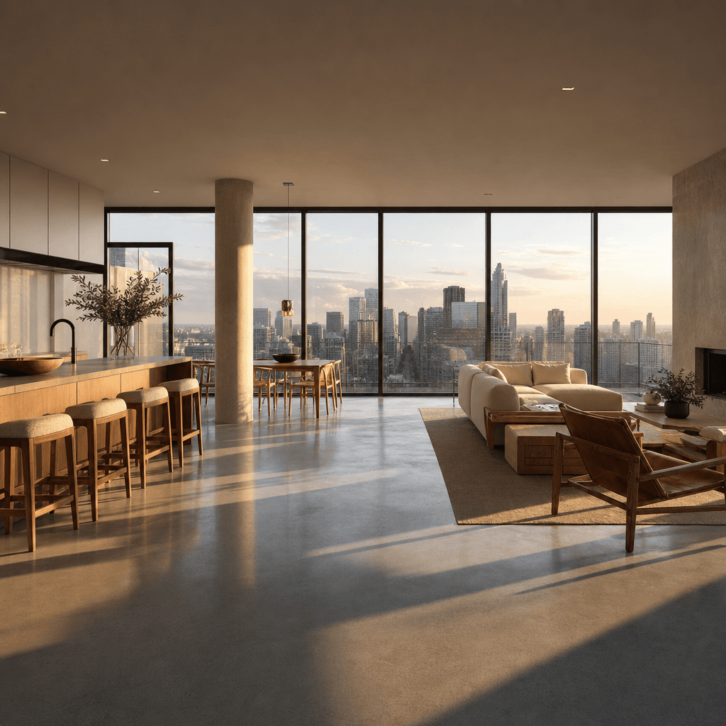 Photorealistic AI-generated real estate interior — open-plan living area with polished concrete floors, floor-to-ceiling