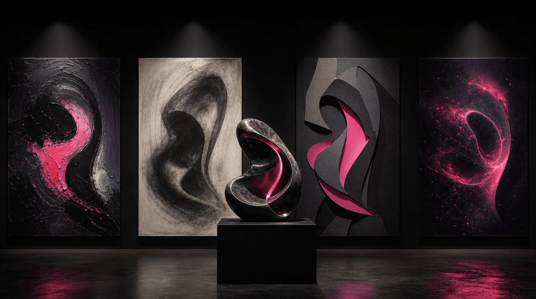 Four physical art panels arranged around one central sculptural object, each panel interpreting it through different mat