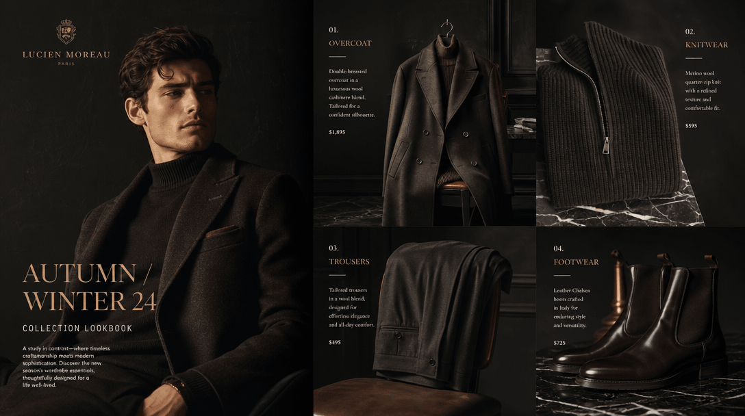 Luxury fashion brand lookbook spread: multiple garments displayed with professional styling, dramatic dark background, e