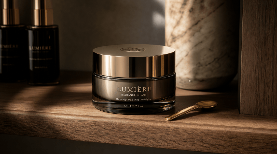 Luxury cosmetic product on wooden shelf with dynamic studio lighting creating realistic shadows and reflections. Profess
