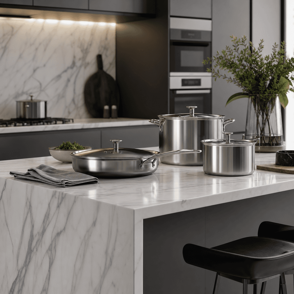 Modern marble kitchen island with premium stainless steel cookware. Soft diffused studio lighting creating cool-neutral