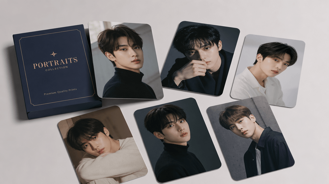 Professional composition of printed portrait cards arranged on studio surface with studio lighting and shadows. Emphasis