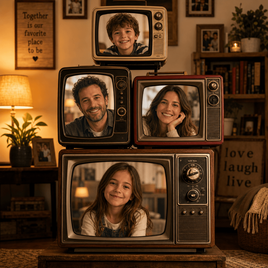 A unique TV stack portrait of a family, with each screen displaying a different family member. The scene is warm and inv