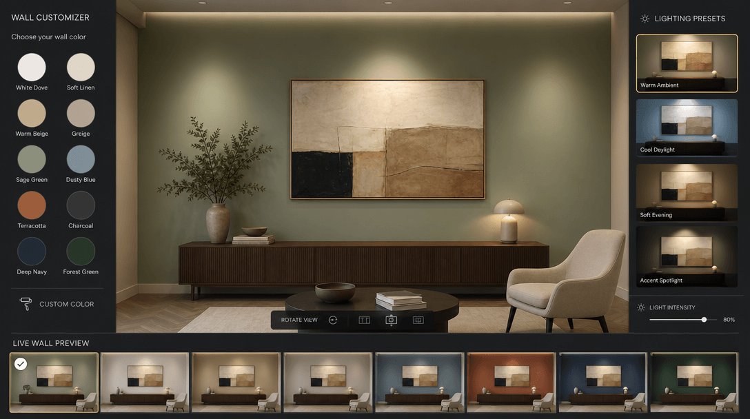 Interior wall customization visualization showing adjustable wall colors and lighting variations on artwork display