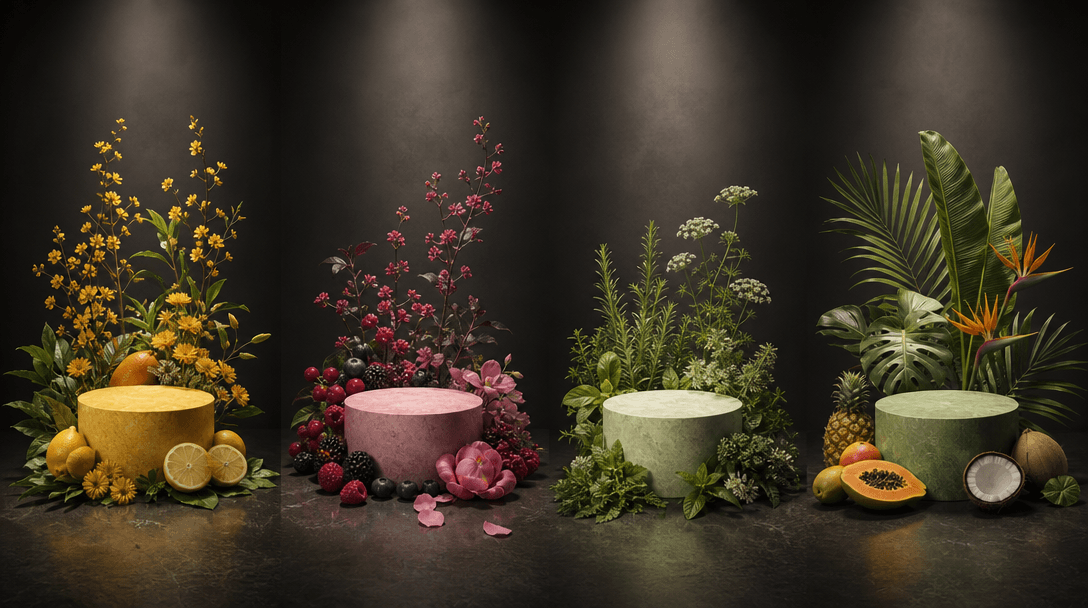 Four distinct pedestal environments aligned across a dark editorial studio: citrus and yellow flowers, berries and pink