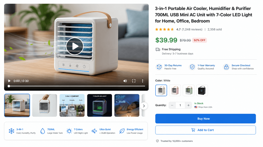 Marketplace listing layout with product video, clean presentation, professional ecommerce composition, conversion-focuse