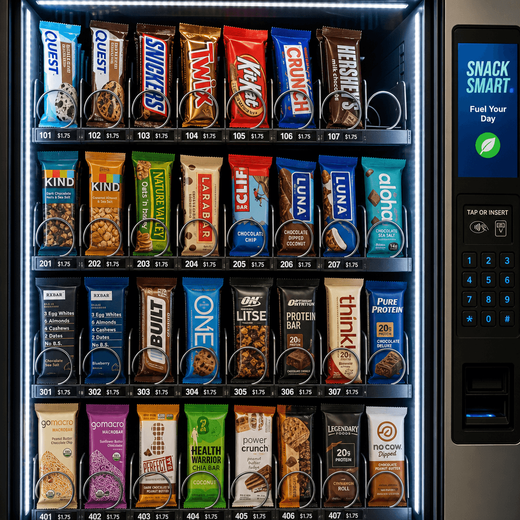 Snack bars arranged in contemporary vending machine, abundant bright interior lighting, vibrant colorful packaging, prod