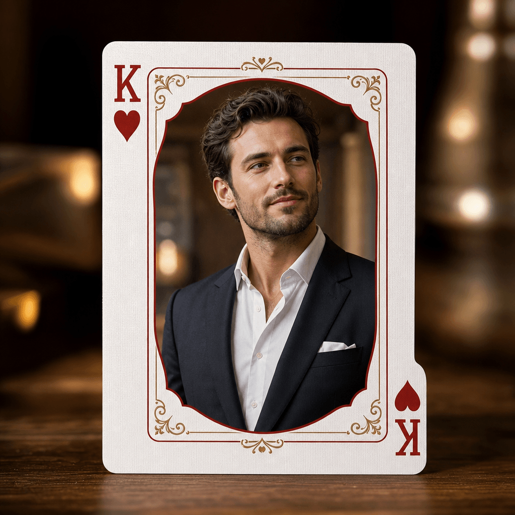 Final Hearts card video frame: completed custom playing card with person on face, hearts corner design, production-ready