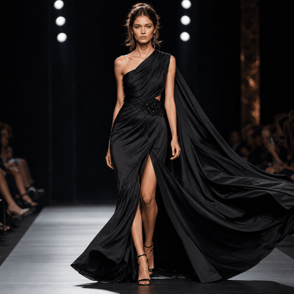 High-fashion runway scene: flowing black evening gown with dramatic satin drape and train, model in mid-walk confident s