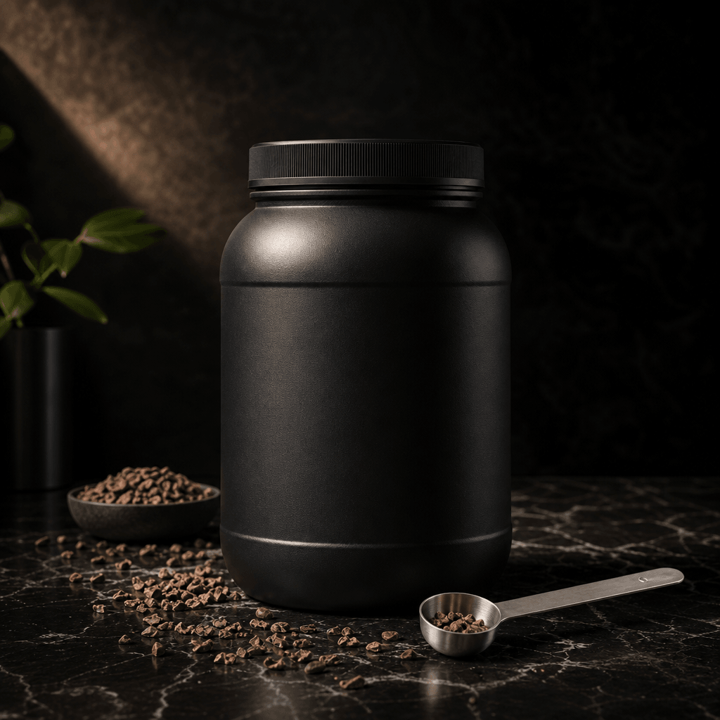 Protein powder tub centered on polished dark marble with scattered raw cacao nibs and a brushed-steel measuring spoon ar