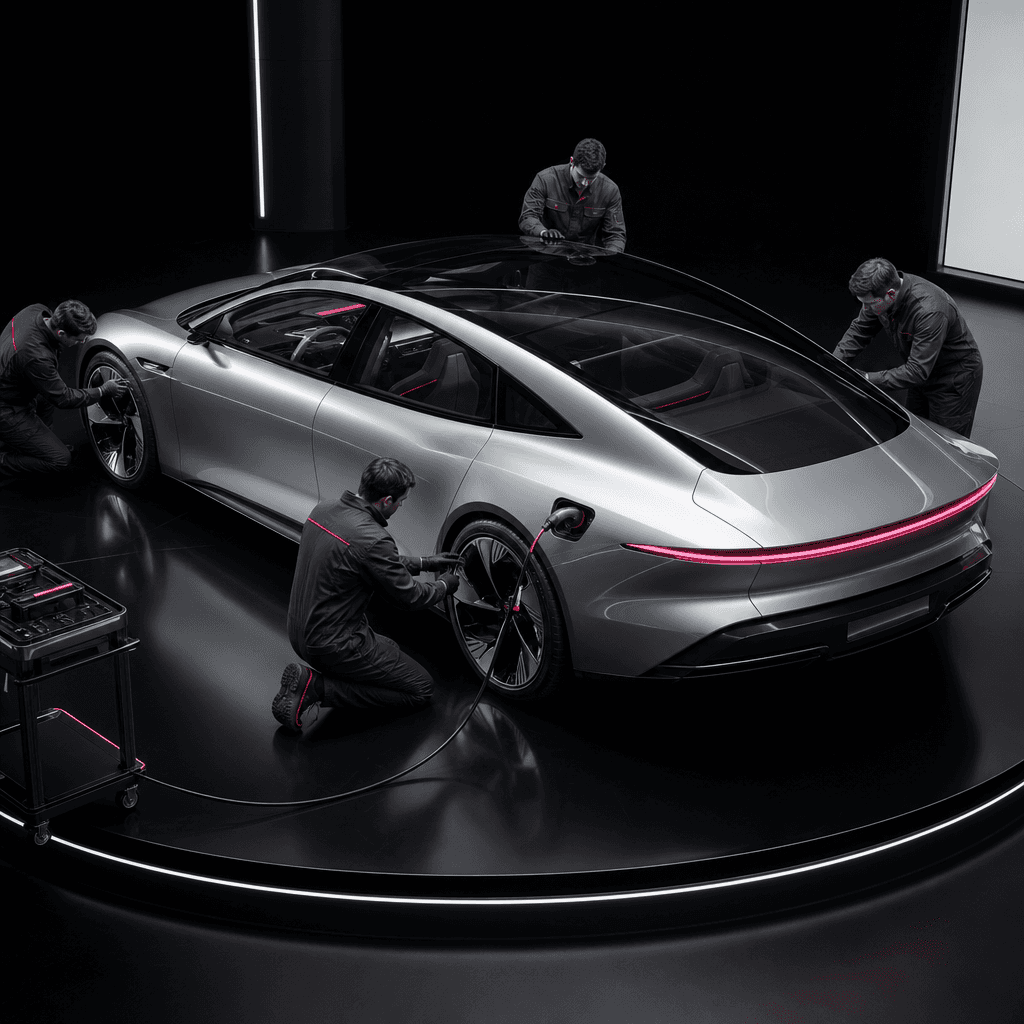 A silver electric concept car on a pristine black studio platform as tiny technicians examine its wheels, glass roof, ch