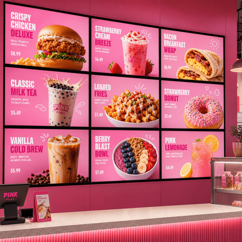 Multi-screen pink TV wall display showing variety of menu items or products. Each screen highlights different food/bever