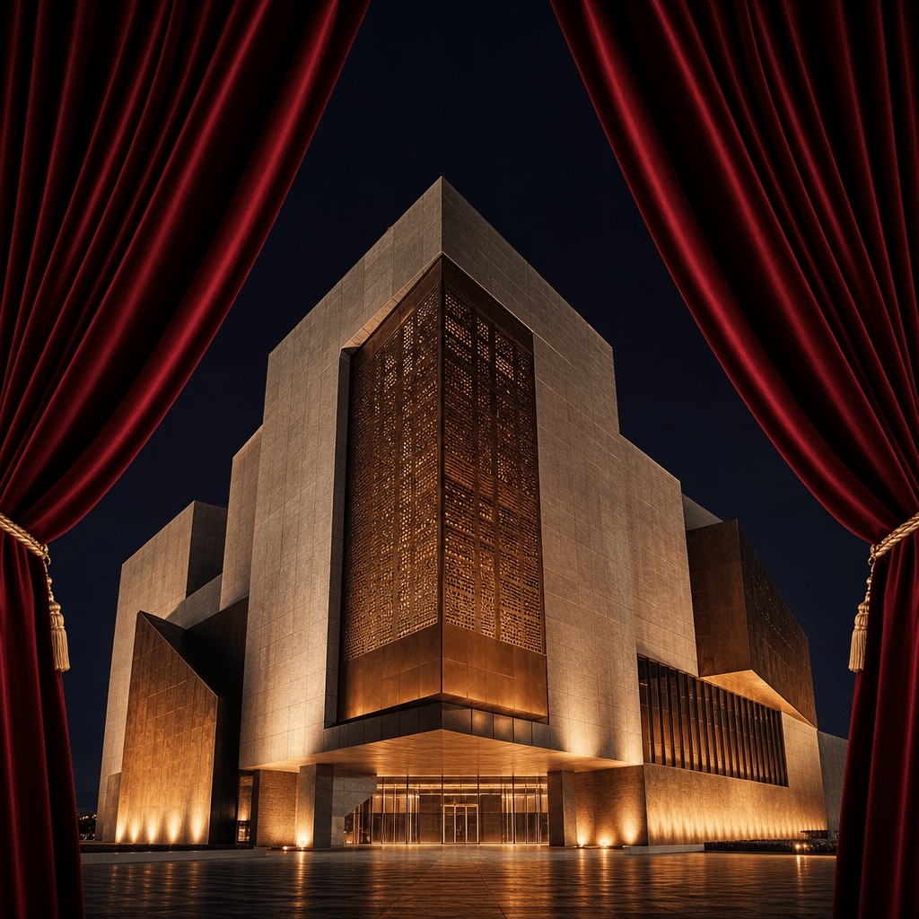 A bold cultural museum building with geometric concrete and bronze facade being revealed from behind dark red velvet cur