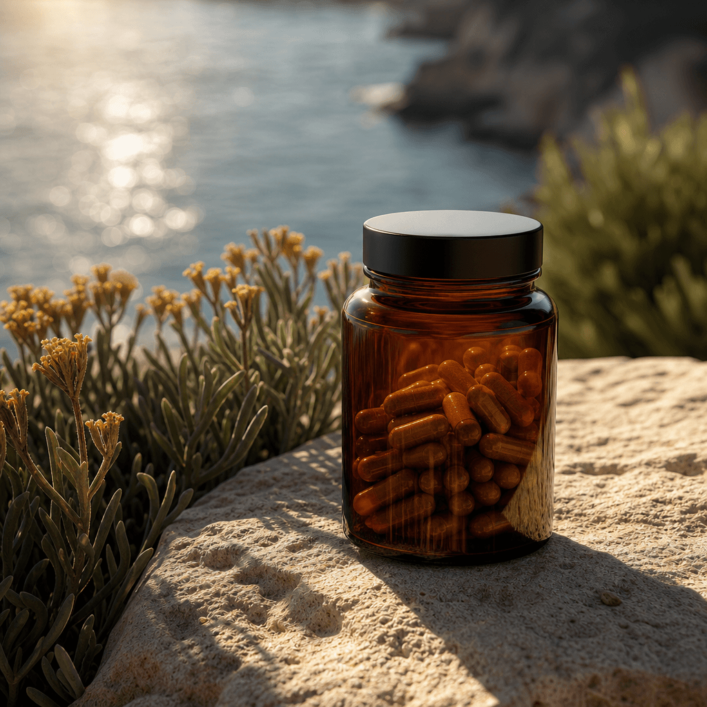 An amber wellness supplement jar arranged on pale sandstone beside softly blurred coastal plants and shimmering ocean li