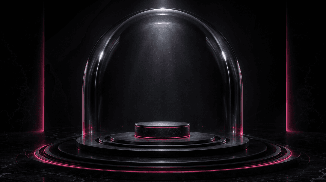 An abstract product pedestal enclosed by a monumental glass dome in a black studio, narrow beams of light tracing the cu