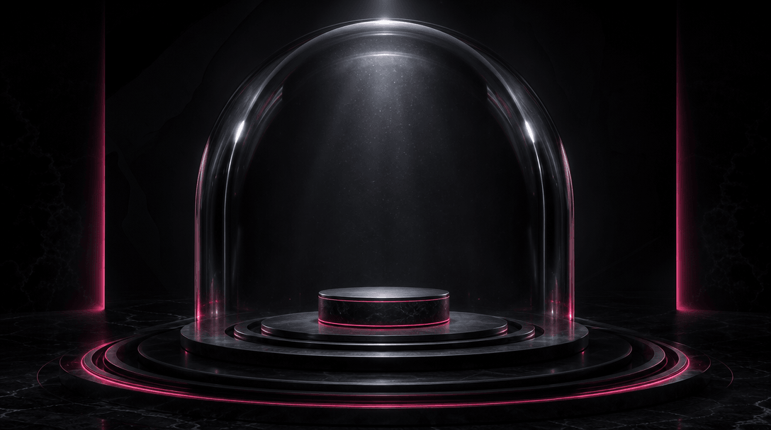 An abstract product pedestal enclosed by a monumental glass dome in a black studio, narrow beams of light tracing the cu