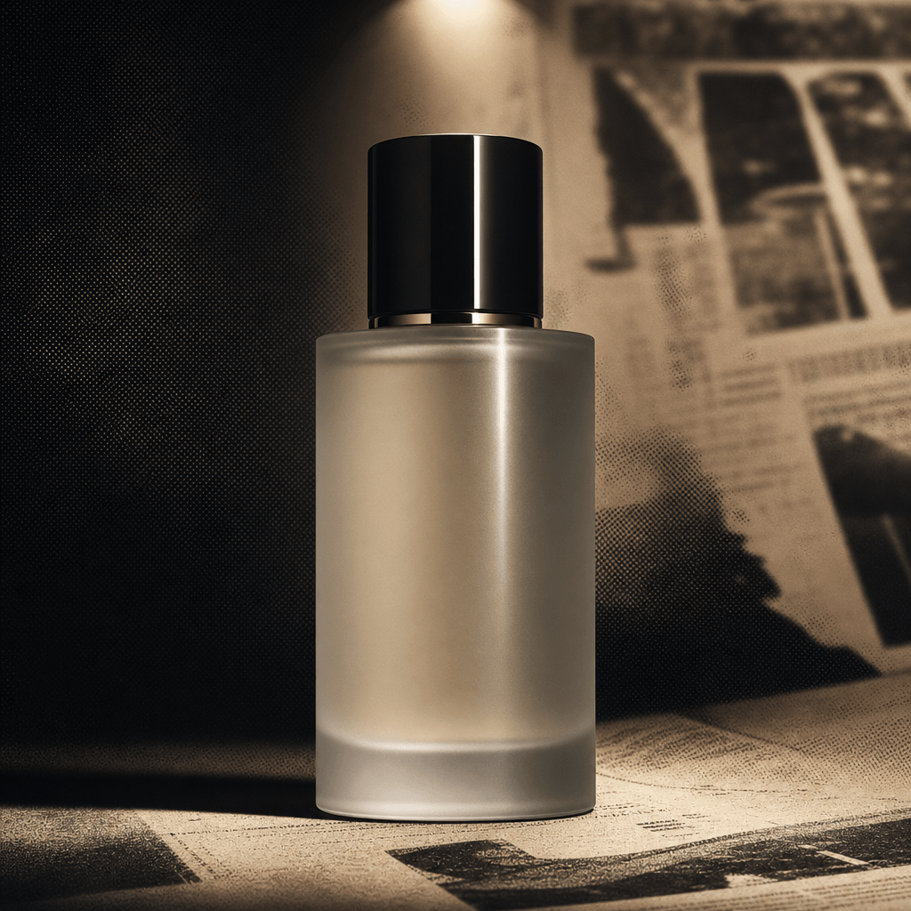 A frosted glass cylindrical perfume bottle centered within a luxury editorial newspaper aesthetic, background transition