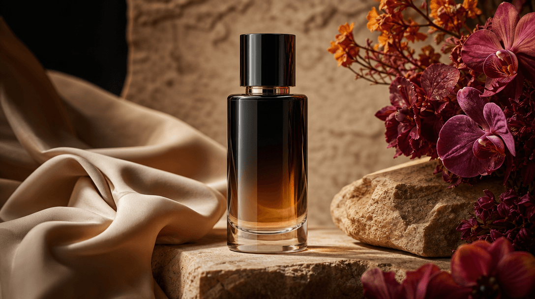 A single premium cosmetic bottle transitioning visually from a clean white packshot environment into a rich lifestyle se