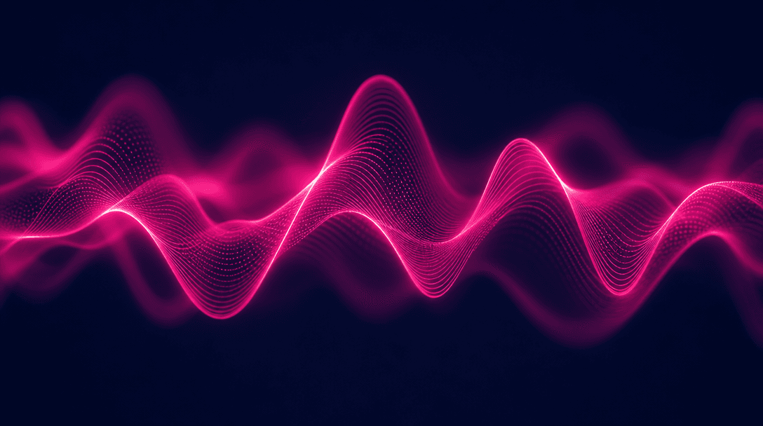 Sound wave visualization in flowing abstract patterns, hot pink glowing lines on deep dark navy background, cinematic mo