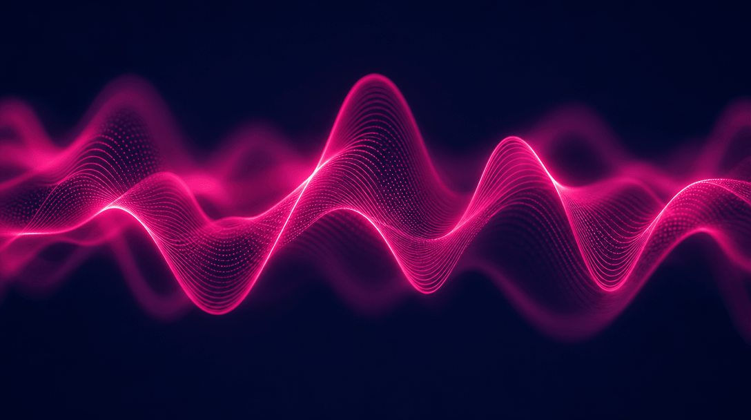 Sound wave visualization in flowing abstract patterns, hot pink glowing lines on deep dark navy background, cinematic mo