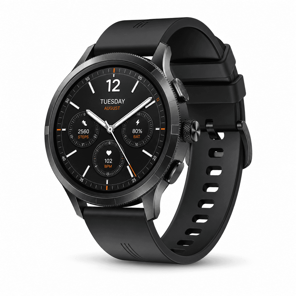 Professional smartwatch on pure white background, studio spotlight creating subtle shadow, luxury product photography, c