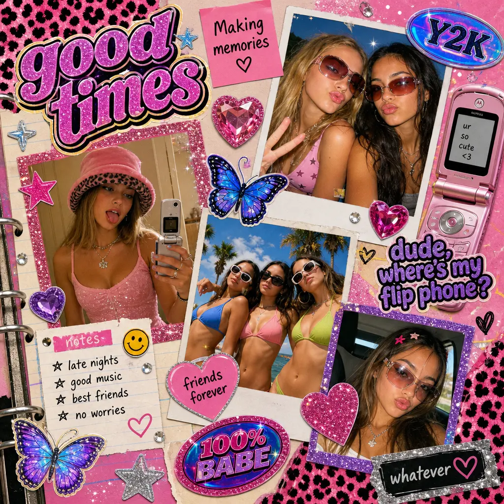 A vibrant Y2K scrapbook collage showcasing a collection of photos with a playful layout, incorporating elements like gli