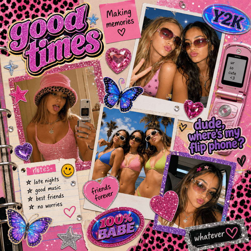 A vibrant Y2K scrapbook collage showcasing a collection of photos with a playful layout, incorporating elements like gli