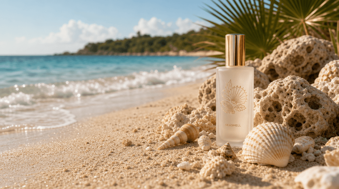 Tropical beach aesthetic—warm sand, water, and shell textures in soft sunlight. Luxury vacation mood, natural yet refine