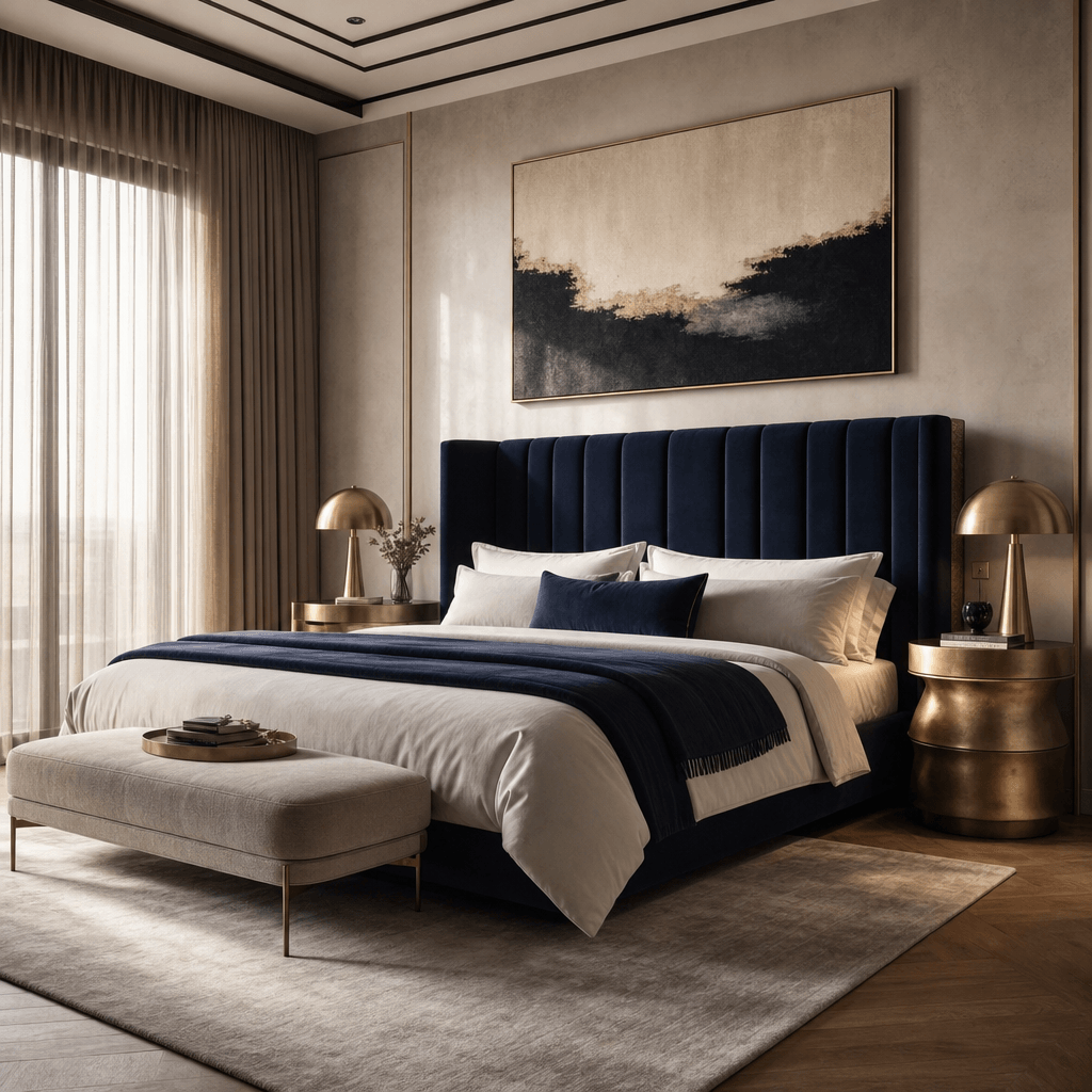 AI staged master bedroom in luxury contemporary style: oversized king bed with deep navy velvet headboard, sculptural br