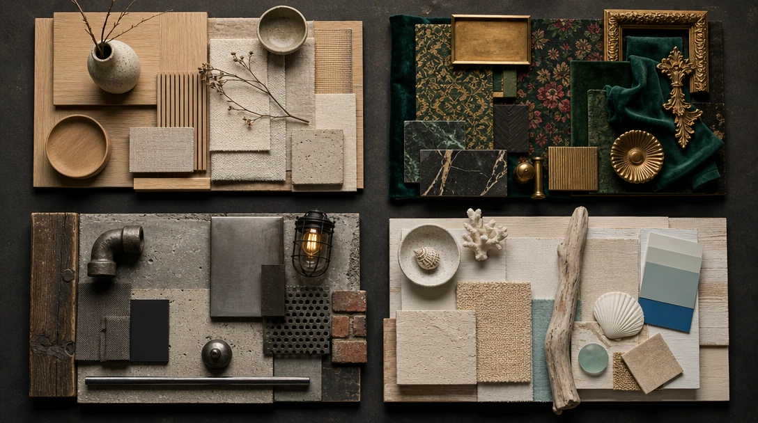 Wide editorial flat lay of four distinct interior design mood boards arranged in a 2x2 grid on a deep charcoal surface: