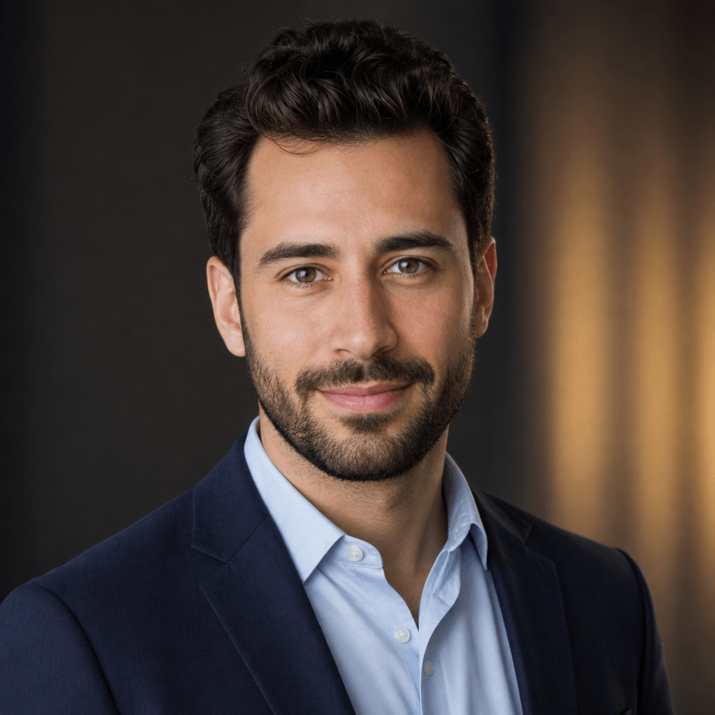 Professional LinkedIn headshot: sharp-focused face, warm studio lighting, neutral soft background, business casual attir