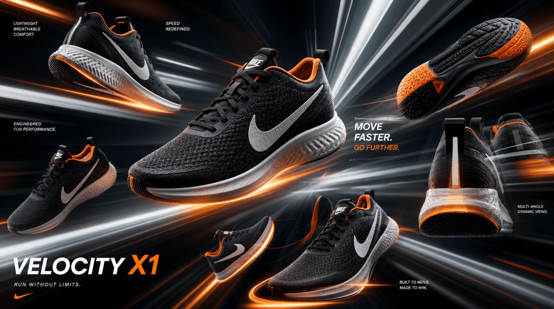 Product transforming through multiple angles and perspectives, light streaks and motion blur effects, rapid generation a