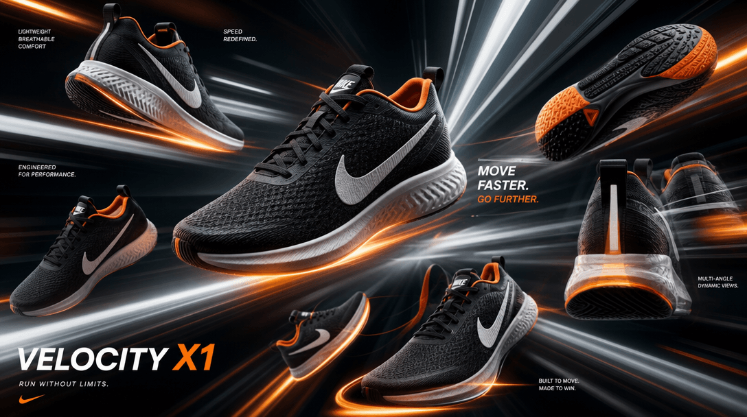 Product transforming through multiple angles and perspectives, light streaks and motion blur effects, rapid generation a