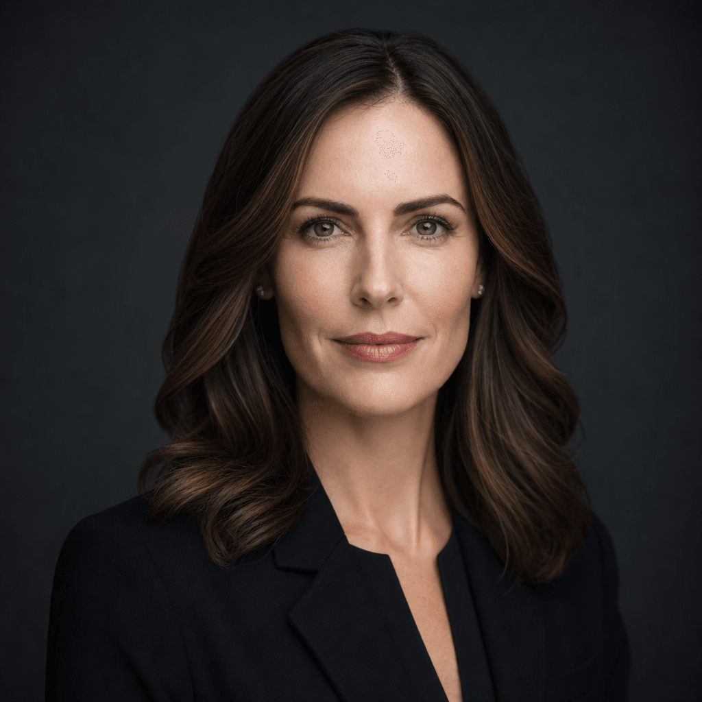 Professional woman's headshot portrait in studio lighting against dark background, cinematic depth of field with sharp f