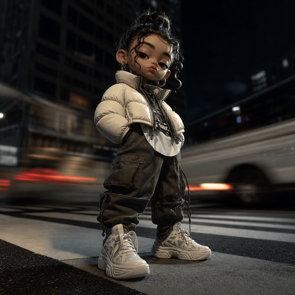 Playful big-head streetwear character wearing a cropped puffer jacket, graphic layers, cargo pants, and sculptural sneak