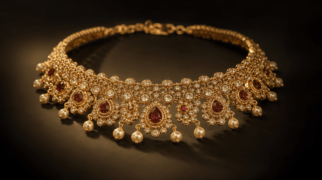 Studio lighting setup for precious jewelry, three point lights creating soft shadows on a luxury necklace, warm gold ref