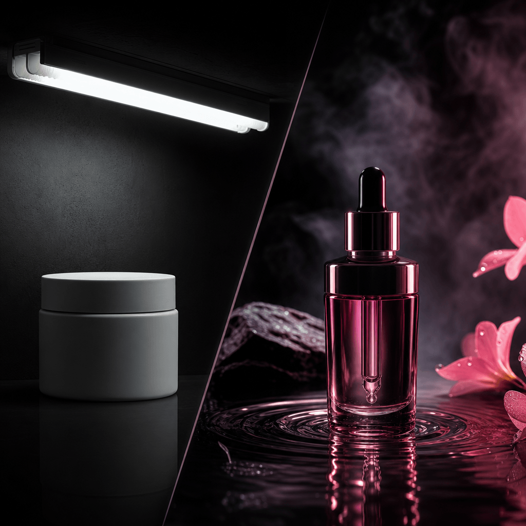 A funny skincare comparison with a plain jar under unforgiving fluorescent light opposite an elegant serum bottle surrou