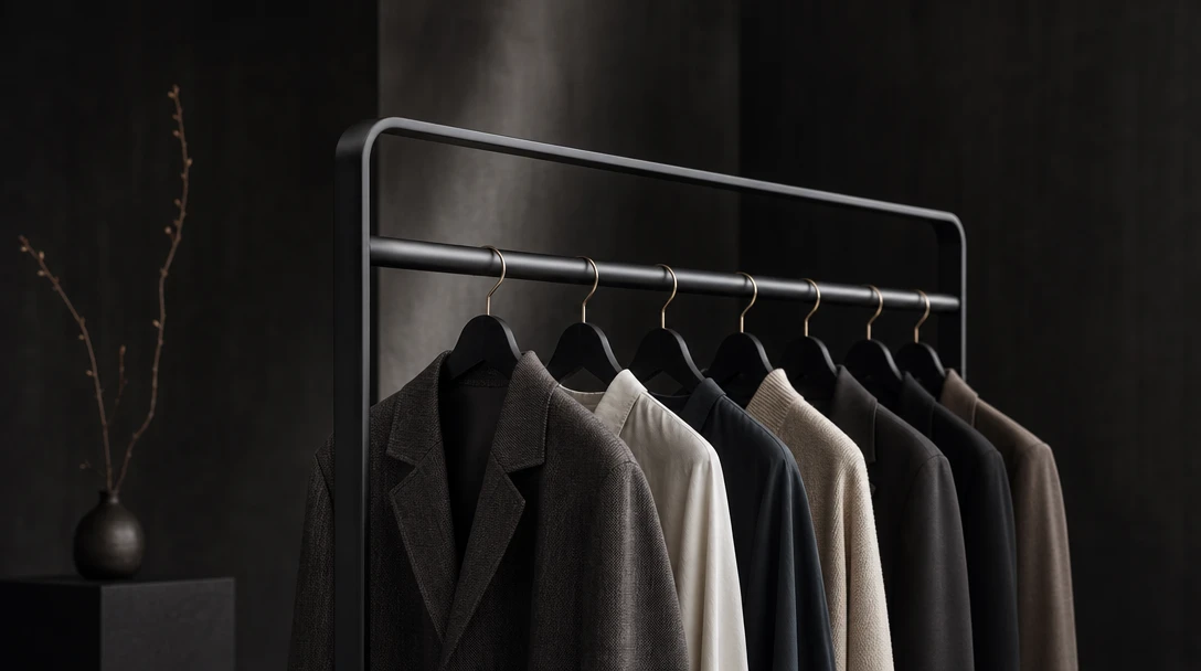 Elegant minimal clothing rail in dark moody studio, soft diffused lighting, fabric texture visible, luxury fashion aesth