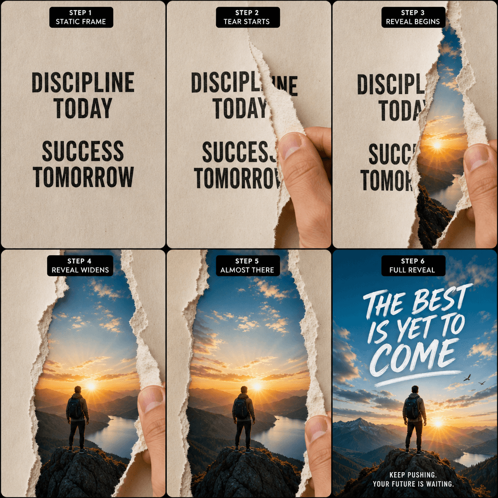 Vertical tear-reveal format on mobile display, social media optimized, animation sequence capture